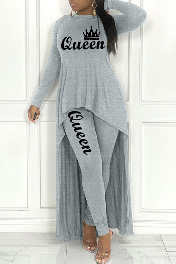Grey Casual Letter Print Asymmetrical O Neck Long Sleeve Two Pieces