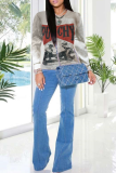 Grey Street Print Patchwork O Neck Tops