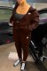 Dark Brown Casual Print Letter Hooded Collar Long Sleeve Two Pieces