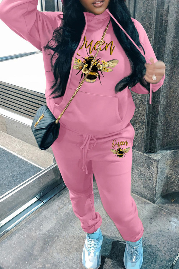Pink Casual Print Basic Hooded Collar Long Sleeve Two Pieces