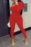 Red Sexy Solid Patchwork Oblique Collar Long Sleeve Two Pieces