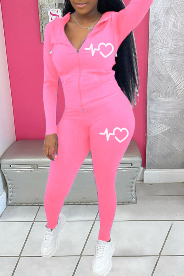 Pink Casual Print Patchwork Hooded Collar Long Sleeve Two Pieces