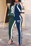 Pink Casual Letter Print Hollowed Out Patchwork Slit Zipper Collar Long Sleeve Two Pieces