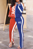 Pink Casual Letter Print Hollowed Out Patchwork Slit Zipper Collar Long Sleeve Two Pieces