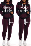 Red Casual Letter Striped Print Patchwork Basic Hooded Collar Long Sleeve Two Pieces