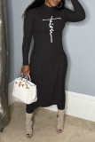 Grey Casual Print Patchwork Slit Half A Turtleneck Long Sleeve Two Pieces
