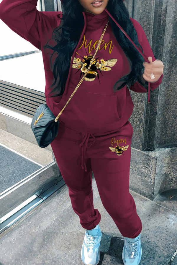 Burgundy Casual Print Basic Hooded Collar Long Sleeve Two Pieces