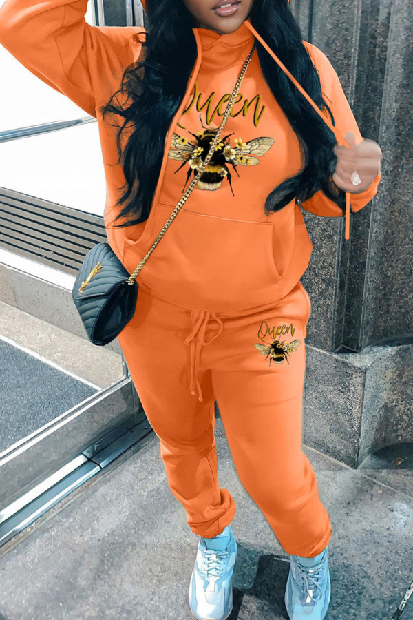 Orange Casual Print Basic Hooded Collar Long Sleeve Two Pieces