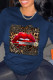 Navy Blue Street Vintage Lips Printed Patchwork Letter O Neck Tops