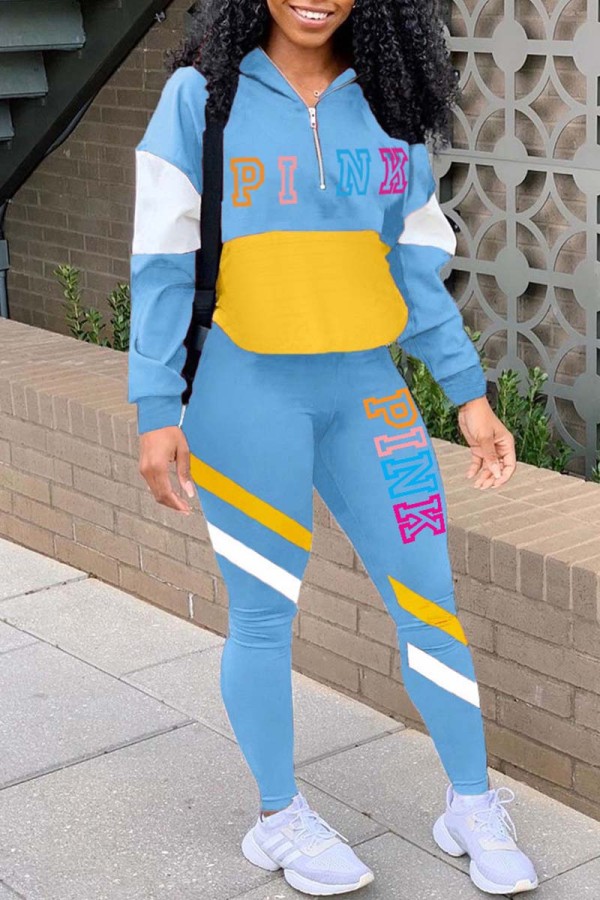 Sky Blue Casual Letter Print Patchwork Zipper Collar Long Sleeve Two Pieces