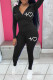 Black Casual Print Patchwork Hooded Collar Long Sleeve Two Pieces