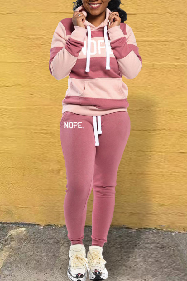 Pink Casual Letter Striped Print Patchwork Hooded Collar Long Sleeve Two Pieces