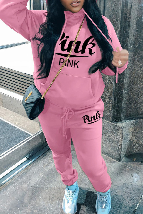 Pink Casual Letter Print Basic Hooded Collar Long Sleeve Two Pieces