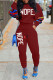 Burgundy Casual Letter Print Patchwork O Neck Long Sleeve Two Pieces