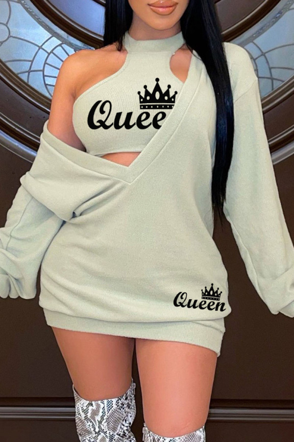 Green Casual Letter Print Basic O Neck Long Sleeve Two Pieces