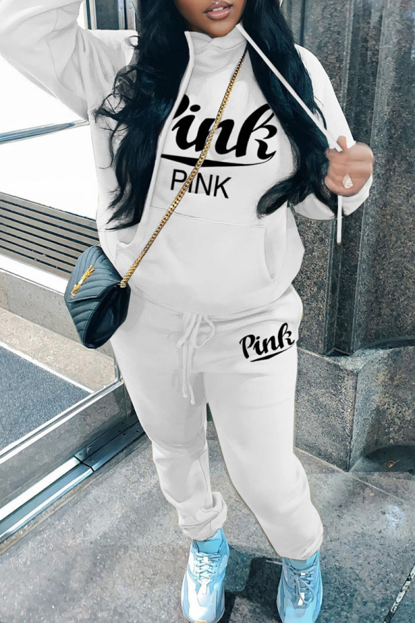 White Casual Letter Print Basic Hooded Collar Long Sleeve Two Pieces