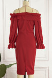 Rose Red Elegant Solid Patchwork Flounce Off the Shoulder One Step Skirt Dresses