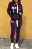 Red Casual Letter Striped Print Patchwork Hooded Collar Long Sleeve Two Pieces