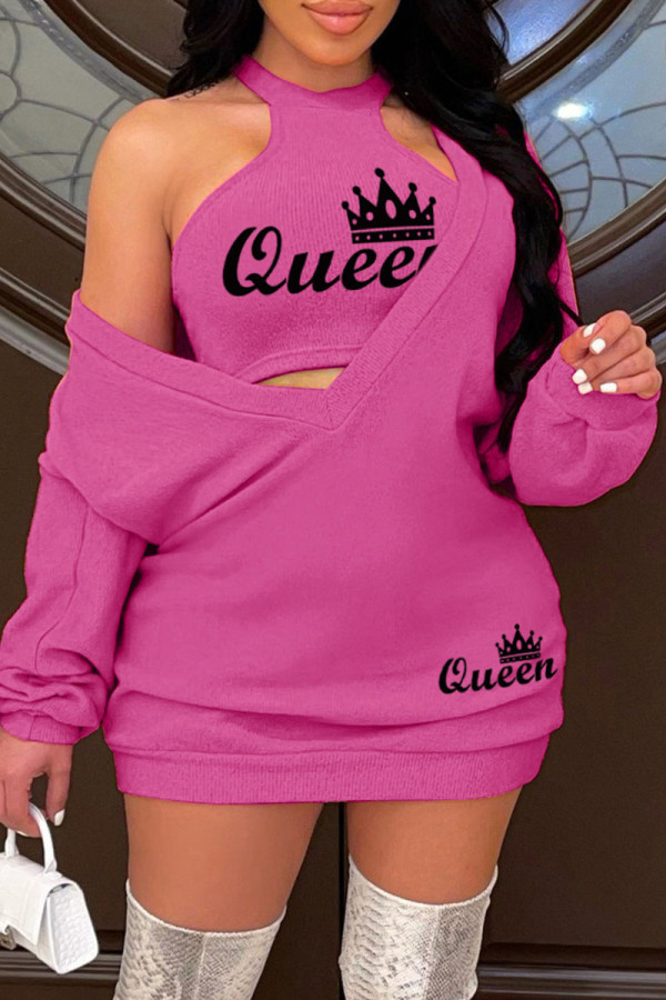 Rose Red Casual Letter Print Basic O Neck Long Sleeve Two Pieces