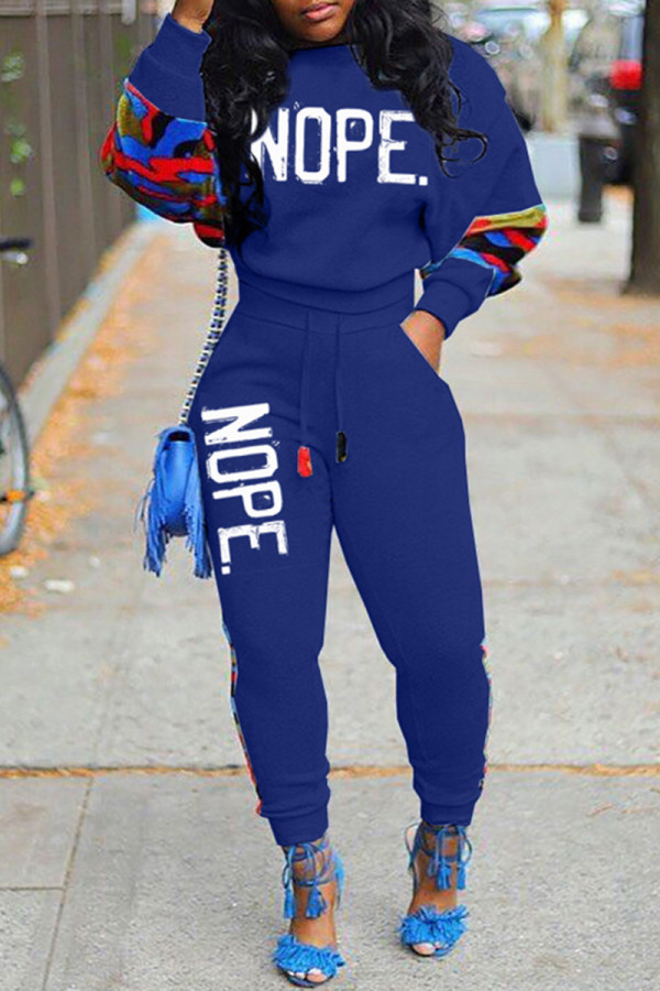 Blue Casual Letter Print Patchwork O Neck Long Sleeve Two Pieces