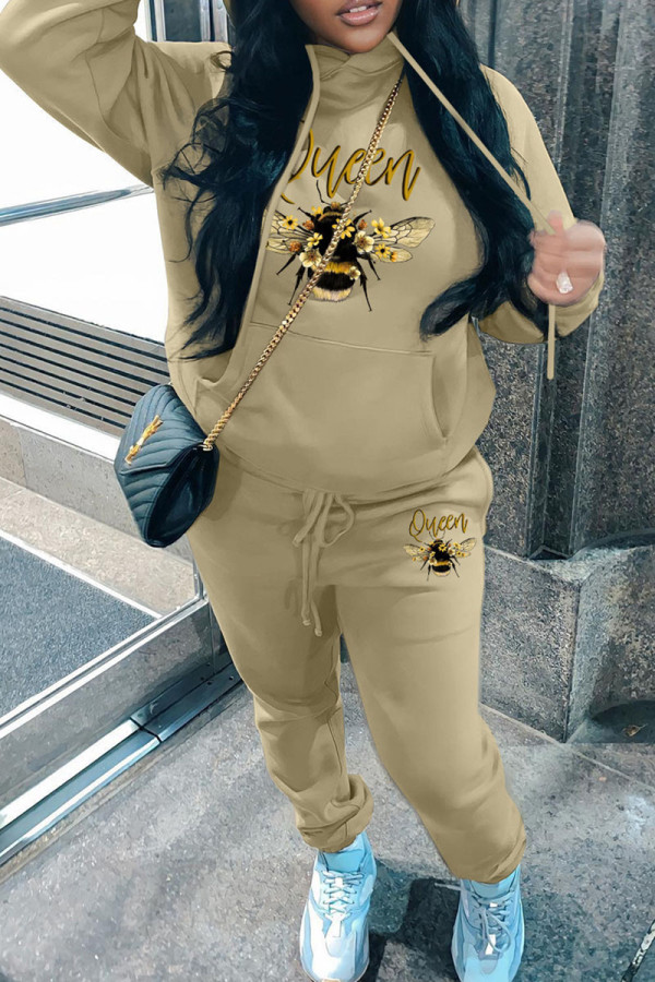 Khaki Casual Print Basic Hooded Collar Long Sleeve Two Pieces