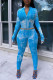 Light Blue Casual Print Patchwork Zipper Collar Long Sleeve Two Pieces