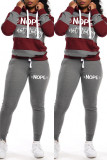 Red Casual Letter Striped Print Patchwork Basic Hooded Collar Long Sleeve Two Pieces
