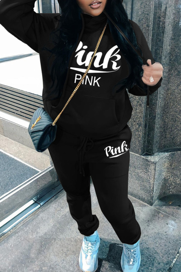 Black Casual Letter Print Basic Hooded Collar Long Sleeve Two Pieces