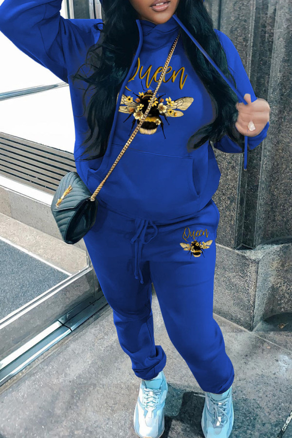 Blue Casual Print Basic Hooded Collar Long Sleeve Two Pieces