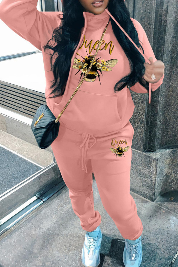 Peach Casual Print Basic Hooded Collar Long Sleeve Two Pieces