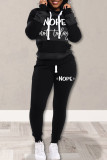 Red Casual Letter Striped Print Patchwork Basic Hooded Collar Long Sleeve Two Pieces