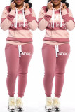 Red Casual Letter Striped Print Patchwork Basic Hooded Collar Long Sleeve Two Pieces