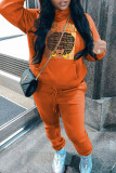 Orange Casual Print Patchwork Hooded Collar Long Sleeve Two Pieces