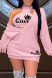 Pink Casual Letter Print Basic O Neck Long Sleeve Two Pieces