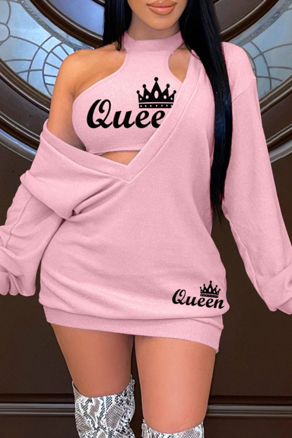 Pink Casual Letter Print Basic O Neck Long Sleeve Two Pieces