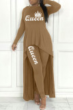Red Casual Letter Print Asymmetrical O Neck Long Sleeve Two Pieces