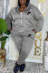 Grey Casual Letter Embroidered Hooded Collar Long Sleeve Two Pieces