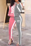 Pink Casual Letter Print Hollowed Out Patchwork Slit Zipper Collar Long Sleeve Two Pieces