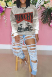 Grey Street Print Patchwork O Neck Tops
