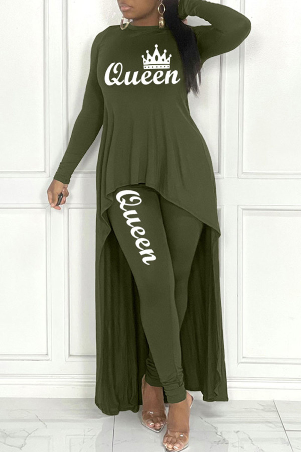 Army Green Casual Letter Print Asymmetrical O Neck Long Sleeve Two Pieces
