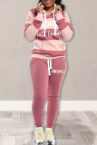 Red Casual Letter Striped Print Patchwork Basic Hooded Collar Long Sleeve Two Pieces
