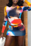Colour Sexy Print Patchwork O Neck Long Sleeve Two Pieces