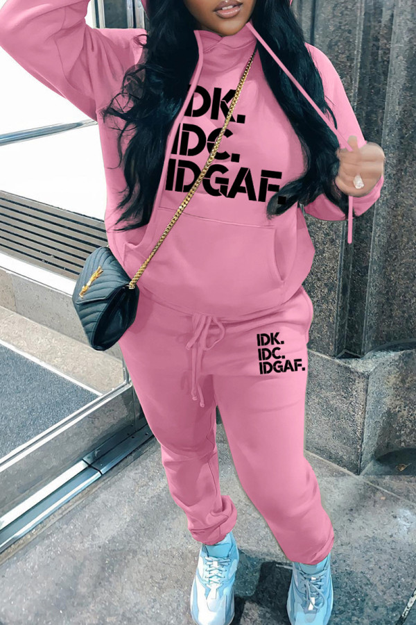 Pink Casual Letter Print Basic Hooded Collar Long Sleeve Two Pieces