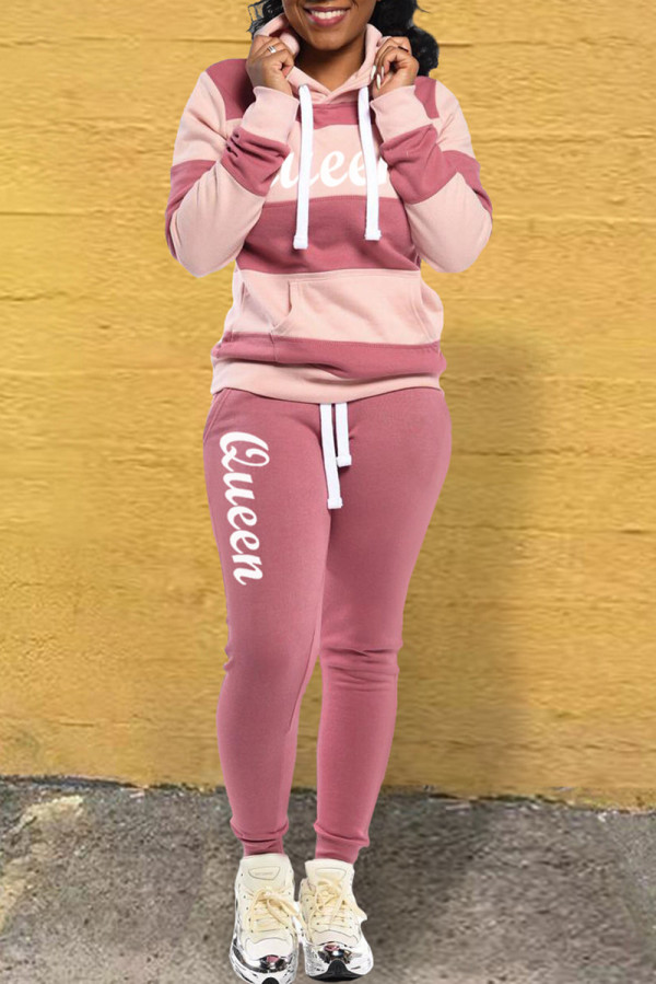 Pink Casual Letter Striped Print Patchwork Contrast Hooded Collar Long Sleeve Two Pieces