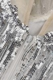 Silver Sexy Patchwork Tassel Sequins See-through O Neck Evening Dress Dresses