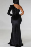 Black Elegant Solid Patchwork Fold Oblique Collar Trumpet Mermaid Dresses