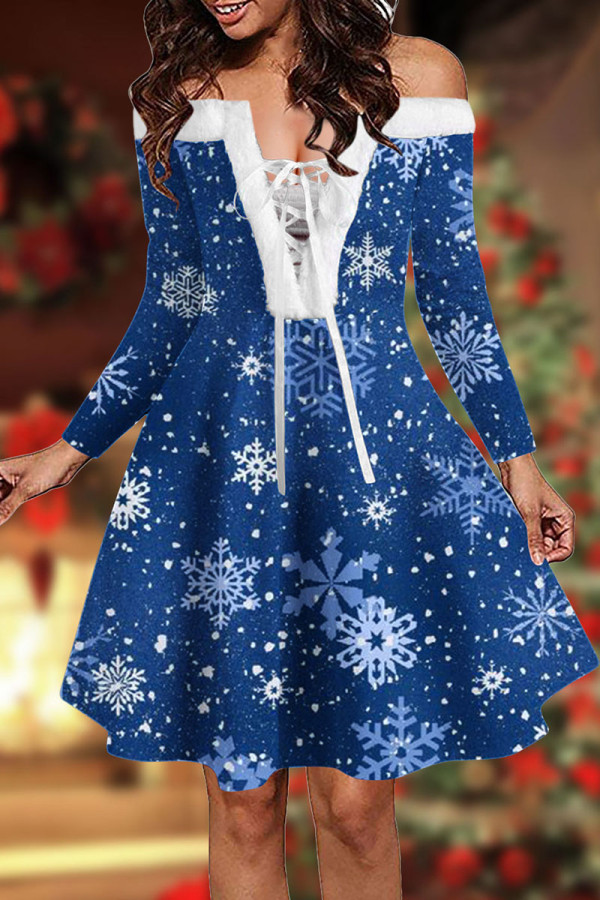 Blue Sexy Print Bandage Patchwork Off the Shoulder A Line Dresses