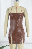 Brown Sexy Solid Patchwork Backless Slit Strapless Sleeveless Dress Dresses