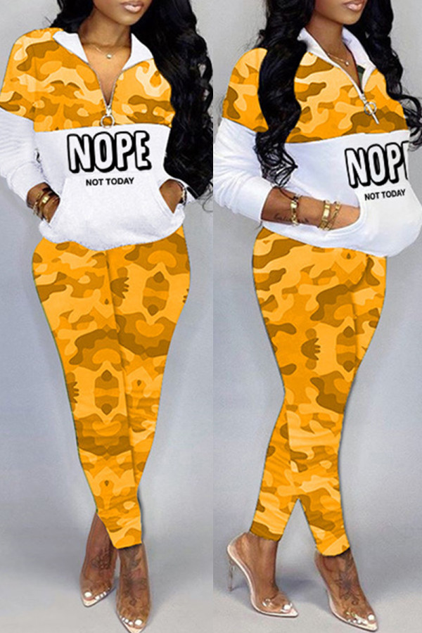 Yellow Casual Letter Camouflage Print Patchwork Zipper Collar Long Sleeve Two Pieces