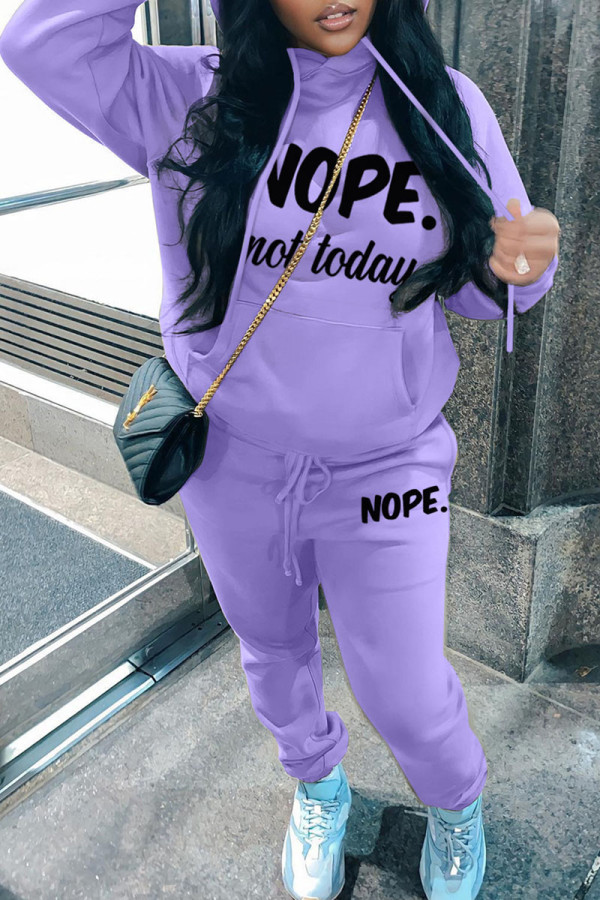 Purple Casual Letter Print Basic Hooded Collar Long Sleeve Two Pieces